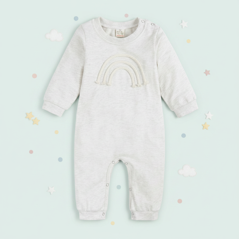 SnuggleHue – Weich & bequem – Regenbogen-Baby-Strampler Weiß / Regenbogen – Lange Ärmel & Beine / 90 (12–24 Monate) | Pädagogisches Holzspielzeug von Mein Kleines Baby