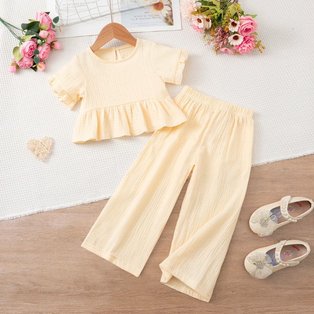 SoftCharm – Elegant & bequem – Mädchen-Set mit Rüschenoberteil und langer Hose Beige / 120 (5–6 Jahre) | Pädagogisches Holzspielzeug von Mein Kleines Baby