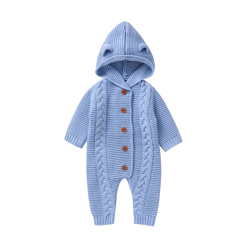 SoftKnit – Warm & niedlich – Gestrickter Baby-Strampler mit Kapuze Blau / 80 (6–12 Monate) | Pädagogisches Holzspielzeug von Mein Kleines Baby