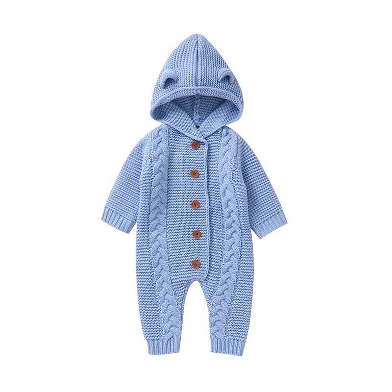 SoftKnit – Warm & niedlich – Gestrickter Baby-Strampler mit Kapuze Blau / 80 (6–12 Monate) | Pädagogisches Holzspielzeug von Mein Kleines Baby