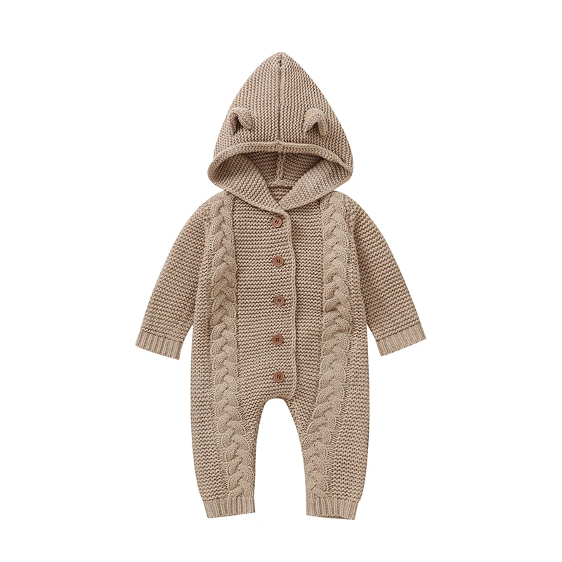 SoftKnit – Warm & niedlich – Gestrickter Baby-Strampler mit Kapuze Braun / 80 (6–12 Monate) | Pädagogisches Holzspielzeug von Mein Kleines Baby