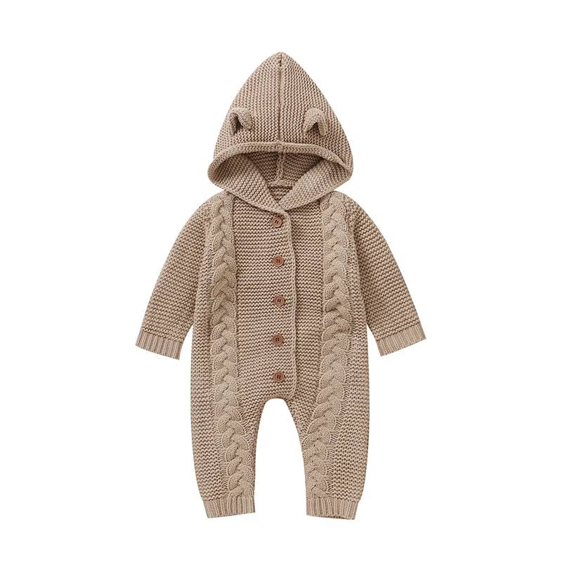 SoftKnit – Warm & niedlich – Gestrickter Baby-Strampler mit Kapuze Braun / 80 (6–12 Monate) | Pädagogisches Holzspielzeug von Mein Kleines Baby