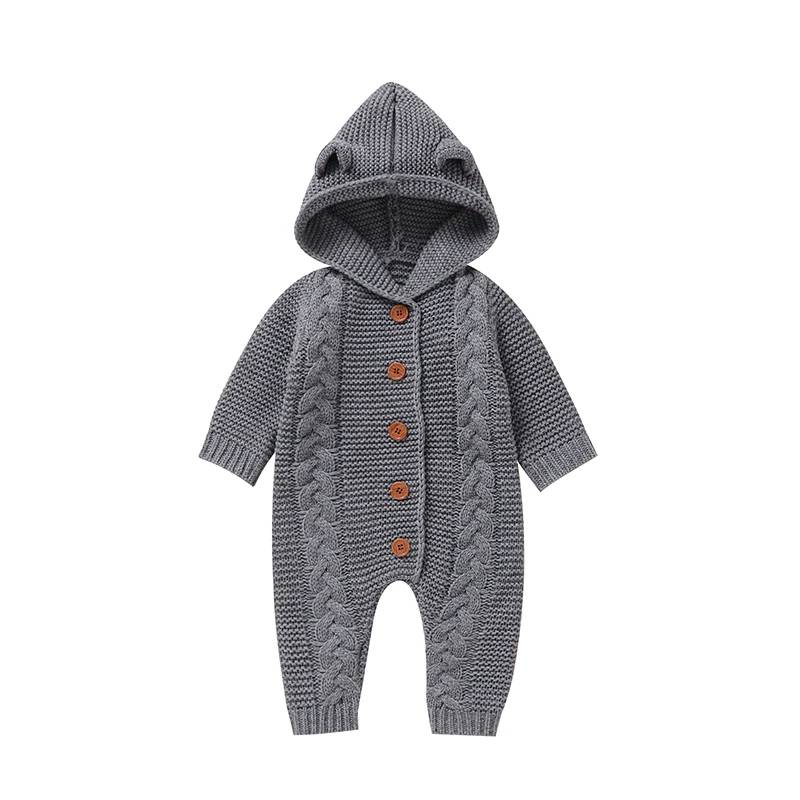 SoftKnit – Warm & niedlich – Gestrickter Baby-Strampler mit Kapuze Grau / 100 (18–24 Monate) | Pädagogisches Holzspielzeug von Mein Kleines Baby
