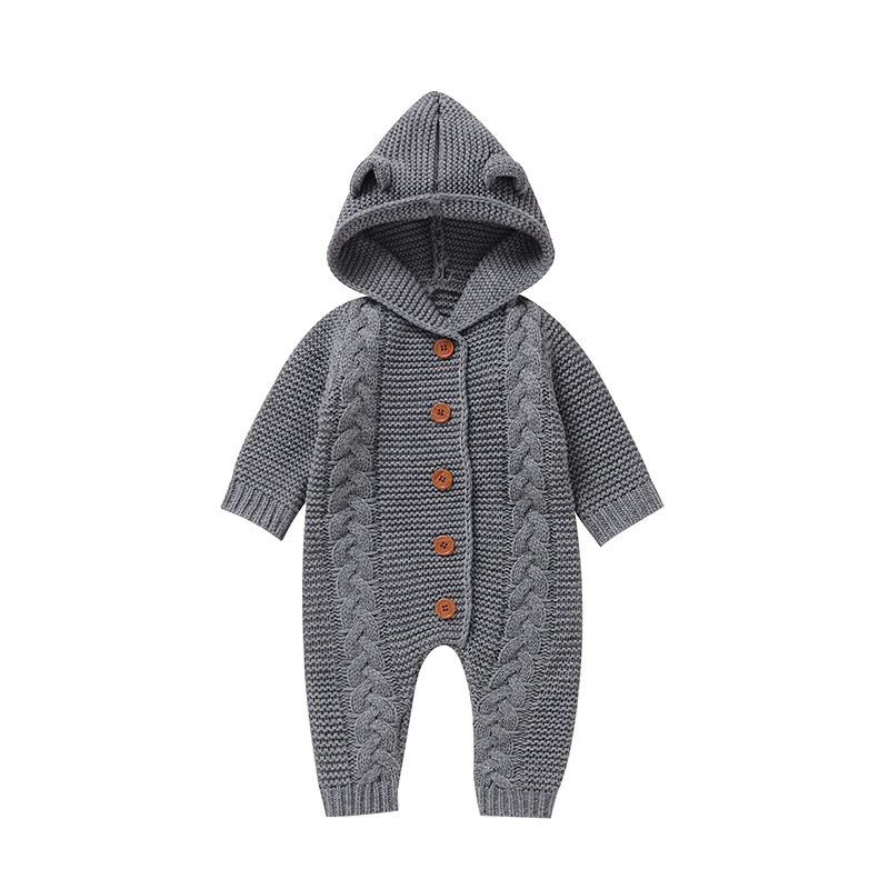 SoftKnit – Warm & niedlich – Gestrickter Baby-Strampler mit Kapuze Grau / 70 (3–6 Monate) | Pädagogisches Holzspielzeug von Mein Kleines Baby