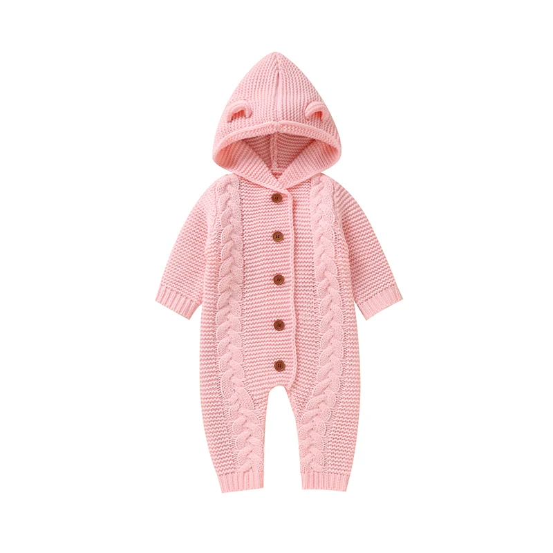 SoftKnit – Warm & niedlich – Gestrickter Baby-Strampler mit Kapuze Rosa / 100 (18–24 Monate) | Pädagogisches Holzspielzeug von Mein Kleines Baby