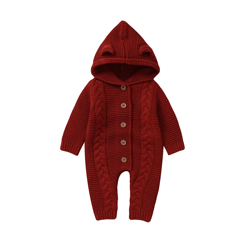 SoftKnit – Warm & niedlich – Gestrickter Baby-Strampler mit Kapuze Rot / 70 (3–6 Monate) | Pädagogisches Holzspielzeug von Mein Kleines Baby