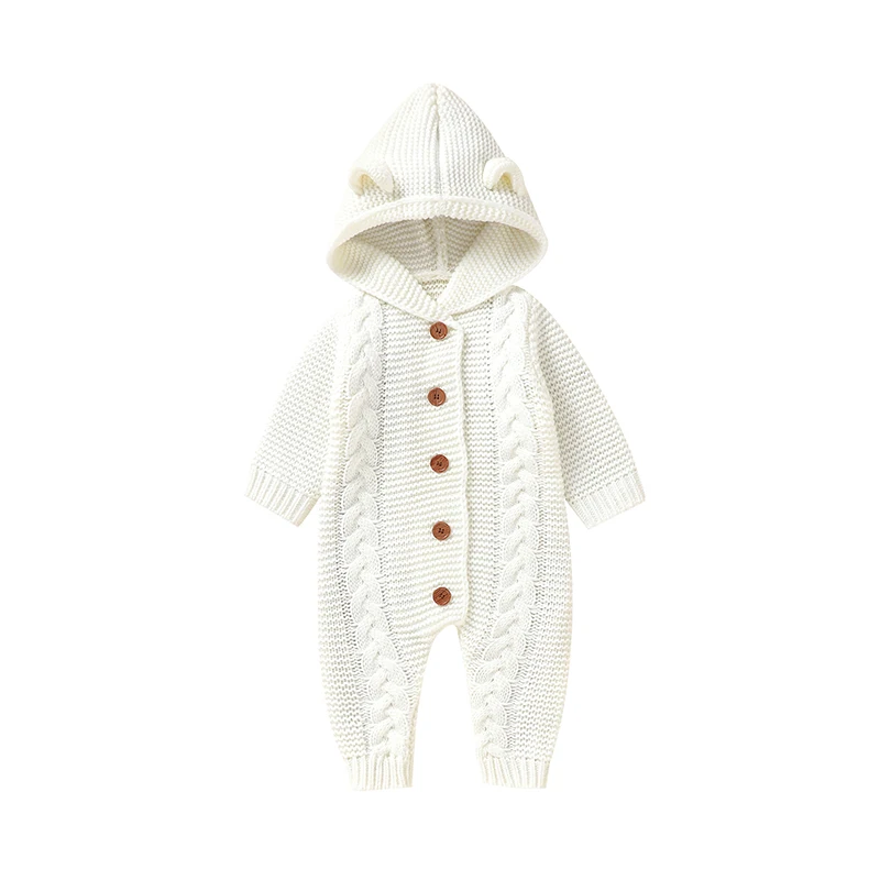 SoftKnit – Warm & niedlich – Gestrickter Baby-Strampler mit Kapuze Weiß / 90 (12–18 Monate) | Pädagogisches Holzspielzeug von Mein Kleines Baby