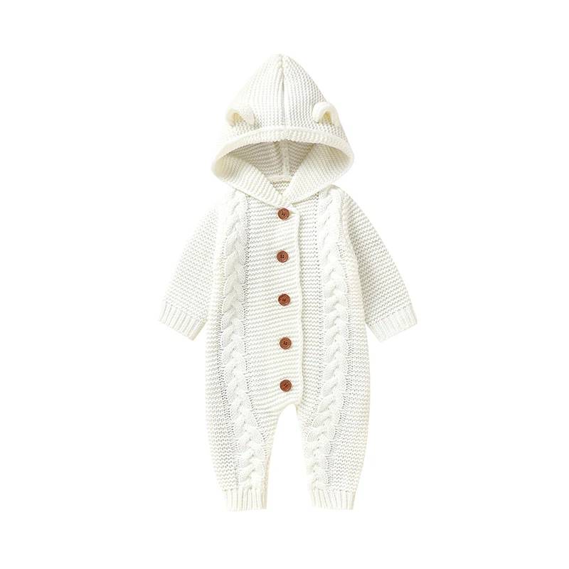 SoftKnit – Warm & niedlich – Gestrickter Baby-Strampler mit Kapuze Weiß / 90 (12–18 Monate) | Pädagogisches Holzspielzeug von Mein Kleines Baby