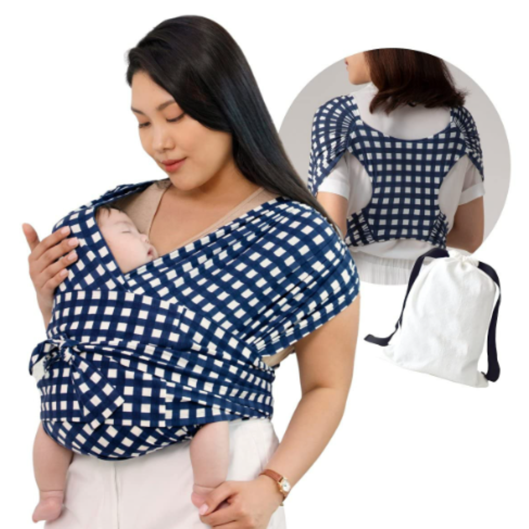 SoftNest - Bequem, atmungsaktiv und sicher– ergonomische Babytrage Blau/Weiß kariert | Pädagogisches Holzspielzeug von Mein Kleines Baby