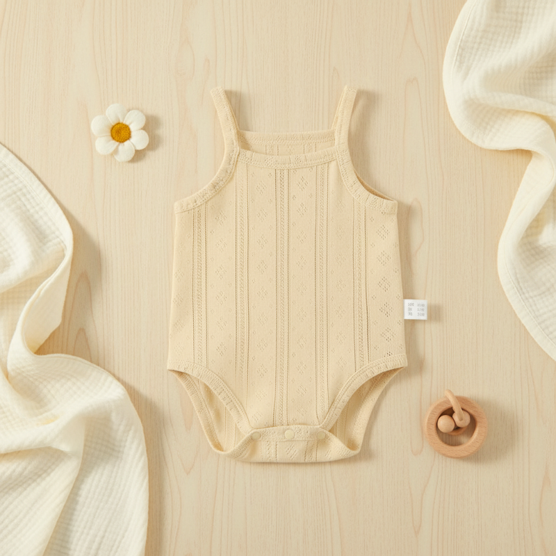 Summer Bodysuit – Leicht & bequem – Gestrickter Baby-Strampler Gelb / 90 (9–12 Monate) | Pädagogisches Holzspielzeug von Mein Kleines Baby
