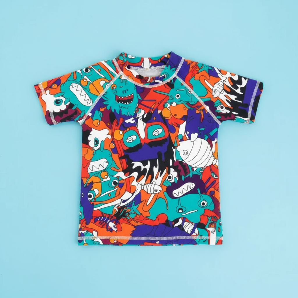 SunnyGuard– Sommerlich&schützend – Anti-UV-Schwimmshirt für Kinder mit kurzen Ärmeln 100 (3–4 Jahre) / Graffiti | Pädagogisches Holzspielzeug von Mein Kleines Baby