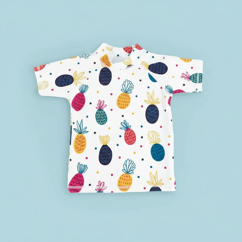 SunnyGuard – Sommerlich & schützend – Anti-UV-Schwimmshirt für Kinder mit kurzen Ärmeln 140 (8–9 Jahre) / Ananas | Pädagogisches Holzspielzeug von Mein Kleines Baby