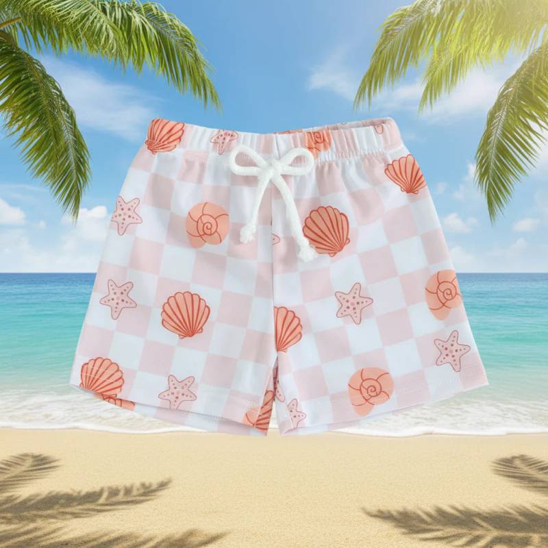 SunnySplash– Leicht&Bequem– Sommerliche Badeshorts Muschel&Seestern / 120 (3–4 Jahre) | Pädagogisches Holzspielzeug von Mein Kleines Baby