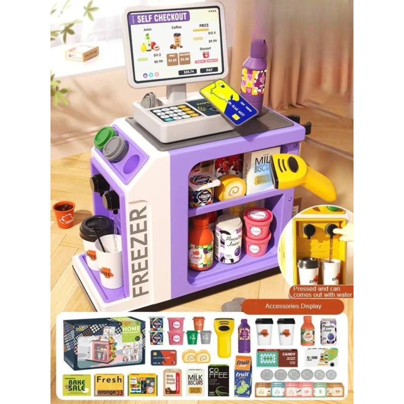 Supermarket Set™ - Indkøbssjov til hjemmet - Legetøjs kasseapparat Lilla | Pädagogisches Holzspielzeug von Mein Kleines Baby