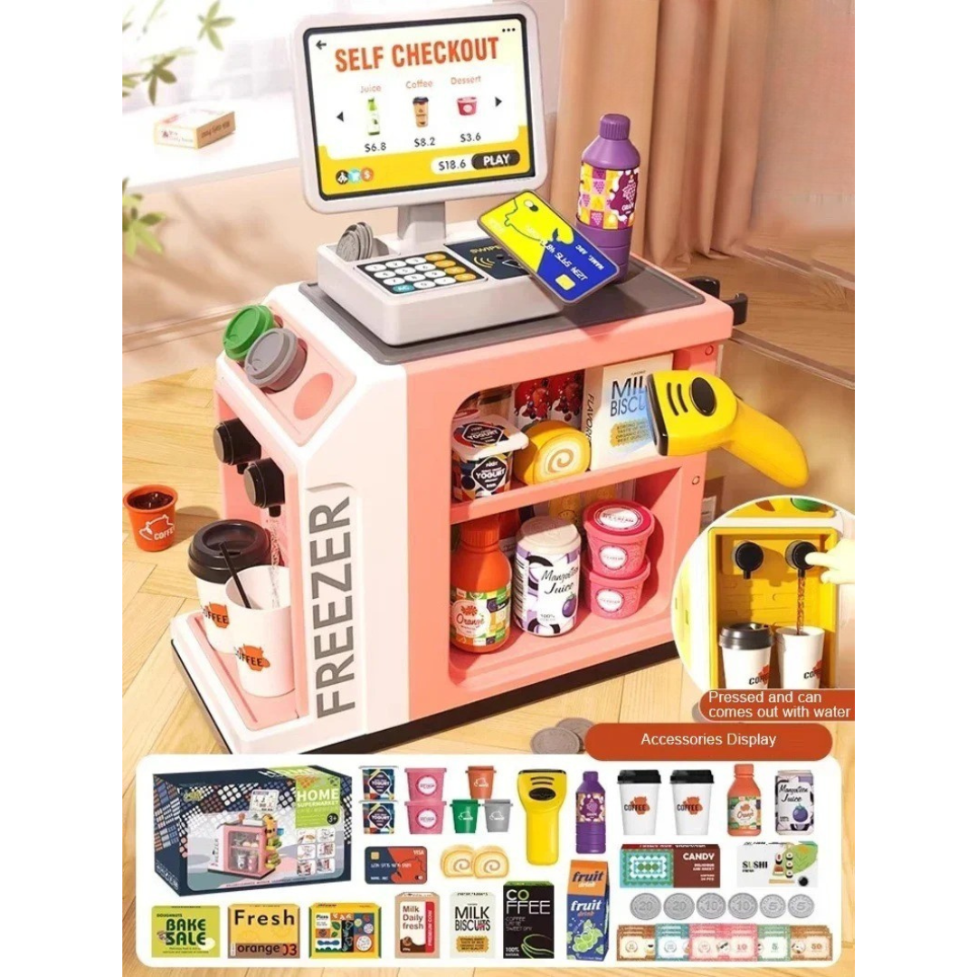 Supermarket Set™ - Indkøbssjov til hjemmet - Legetøjs kasseapparat Lyserød | Pädagogisches Holzspielzeug von Mein Kleines Baby