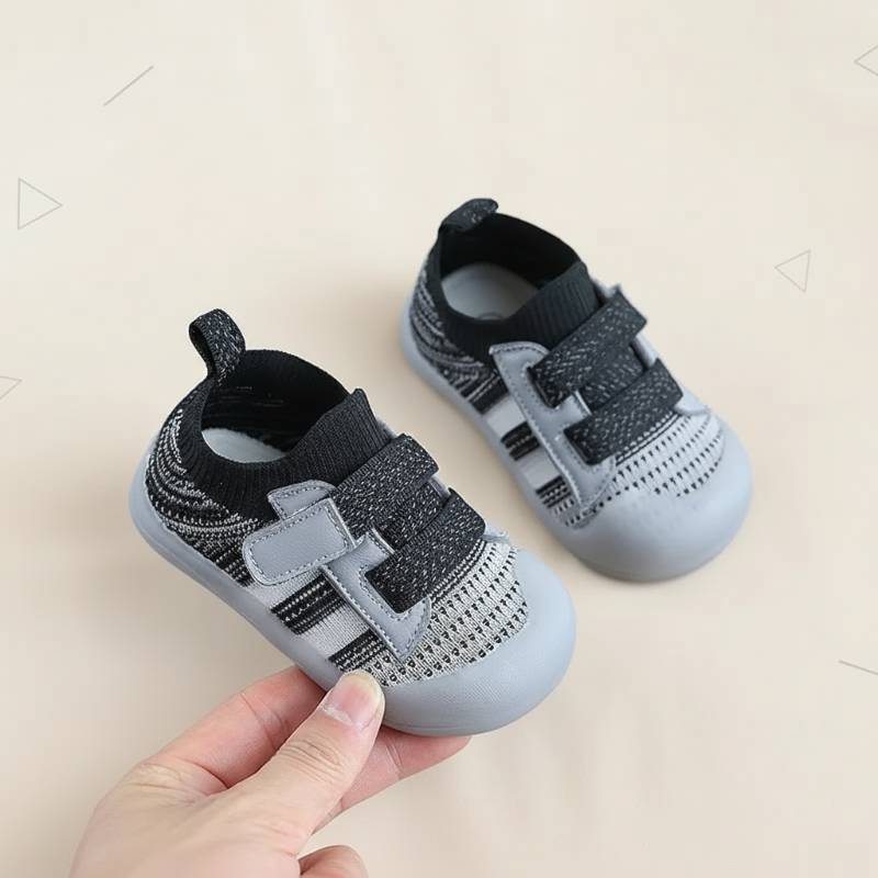 TinyRunner– Sportlich&atmungsaktiv - Mesh-Babyschuhe mit weicher Sohle Schwarz Grau / 34 (7.5 Jahre) | Pädagogisches Holzspielzeug von Mein Kleines Baby