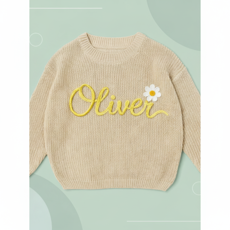 TinyStitch– Personalisierter Strickpullover mit Namen für Kinder Beige – Gelber Aufdruck / 75 (12–18 Monate) / Margriet | Pädagogisches Holzspielzeug von Mein Kleines Baby