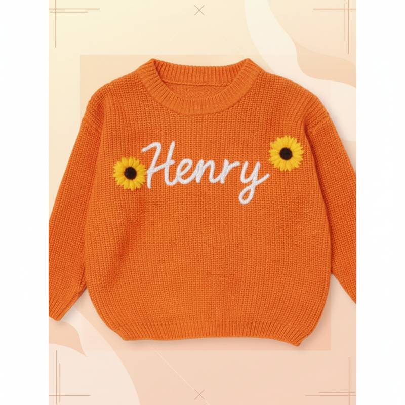 TinyStitch– Personalisierter Strickpullover mit Namen für Kinder Orange-weißer Aufdruck / 65 (3–6 Monate) / Bei | Pädagogisches Holzspielzeug von Mein Kleines Baby