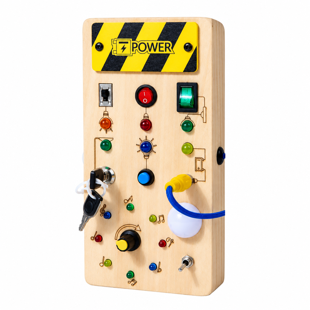 TinyTech – Busy Board aus Holz mit Lichtern und Schaltern – Lernspielzeug Stromverteiler | Pädagogisches Holzspielzeug von Mein Kleines Baby
