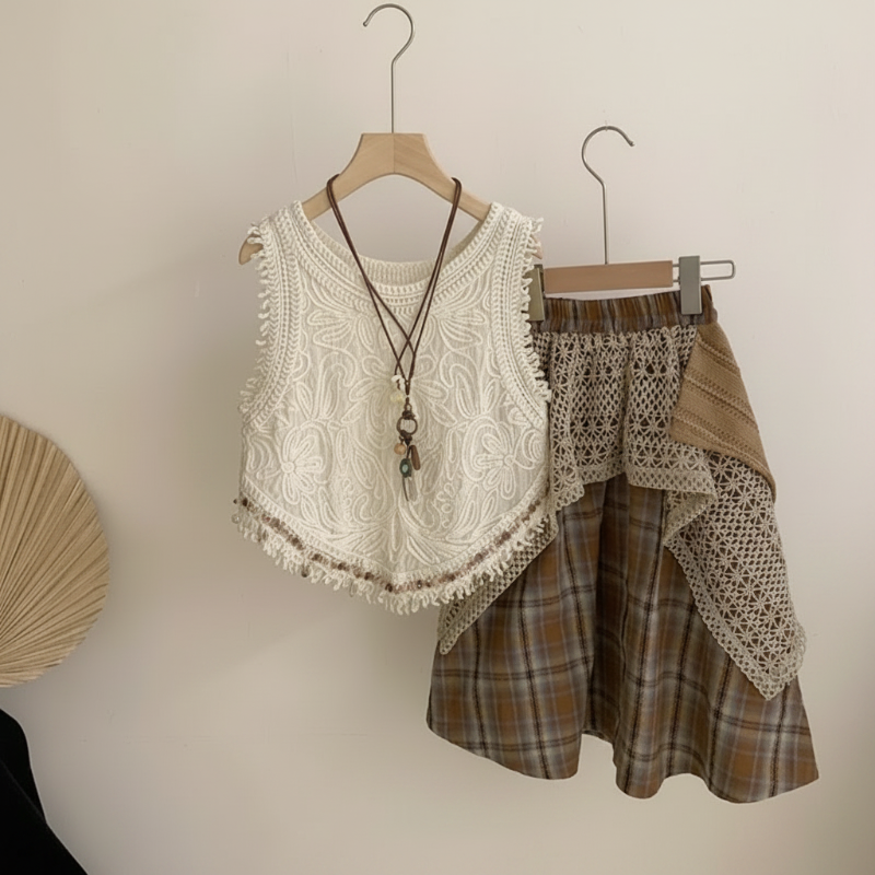 TinyTrends – Boho-Chic & Niedlich – Gehäkeltes Oberteil mit kariertem Rock 140 (7–8 Jahre) | Pädagogisches Holzspielzeug von Mein Kleines Baby