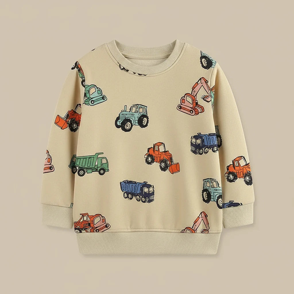 TruckTales– Weich&Warm - Pullover mit bunten Baufahrzeugen 110 (4–5 Jahre) | Pädagogisches Holzspielzeug von Mein Kleines Baby