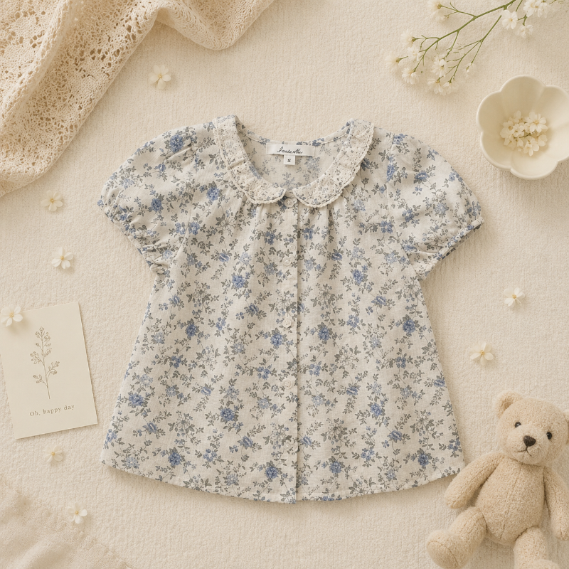 Vine Print Blouse – Let og sød – Børnebluse med pufærmer 140 (10–11 år) | Pädagogisches Holzspielzeug von Mein Kleines Baby