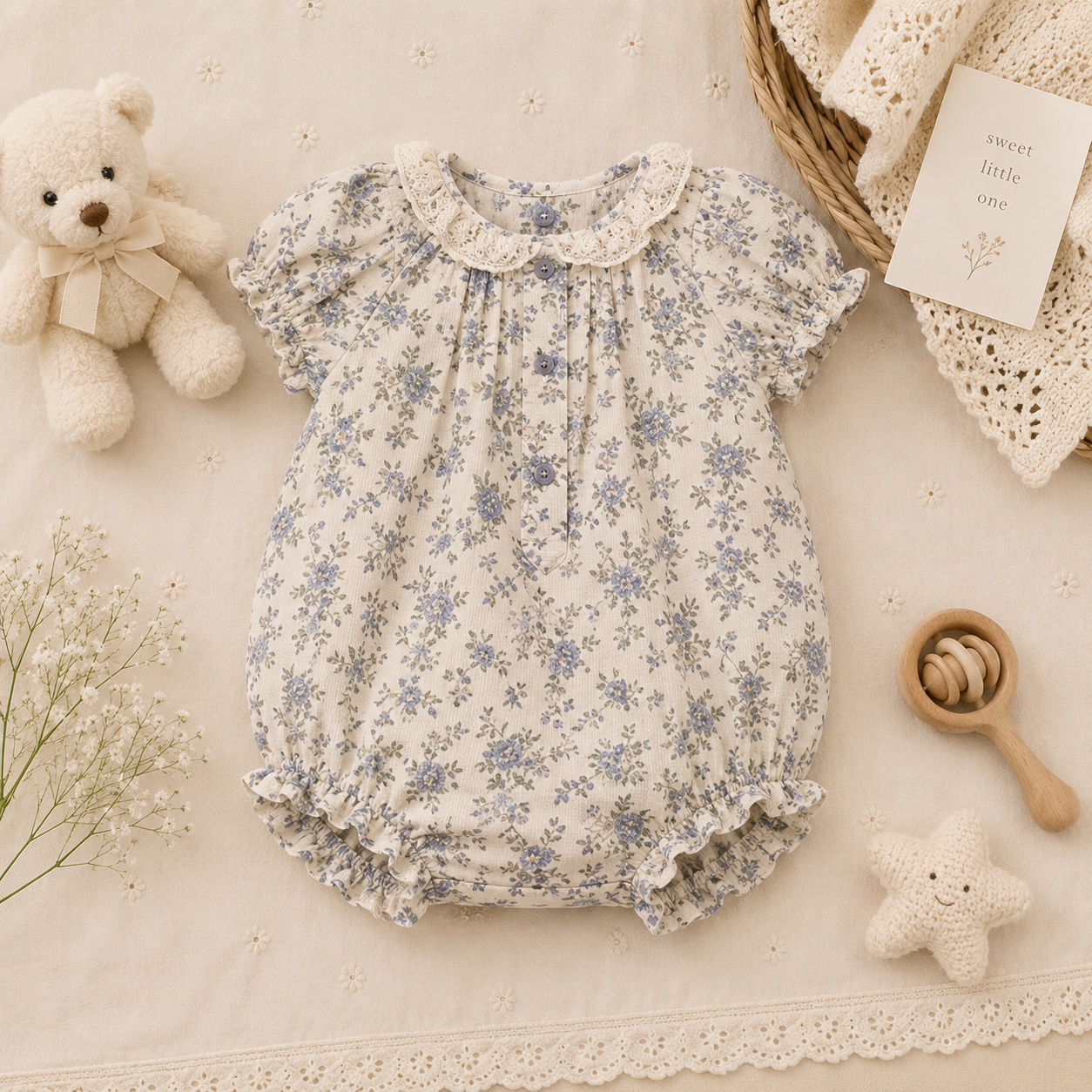Vintage Rompers – Zeitlos & weich – Baby-Strampler 100 (12–18 Monate) / Bluebell-Blumenbordüre | Pädagogisches Holzspielzeug von Mein Kleines Baby