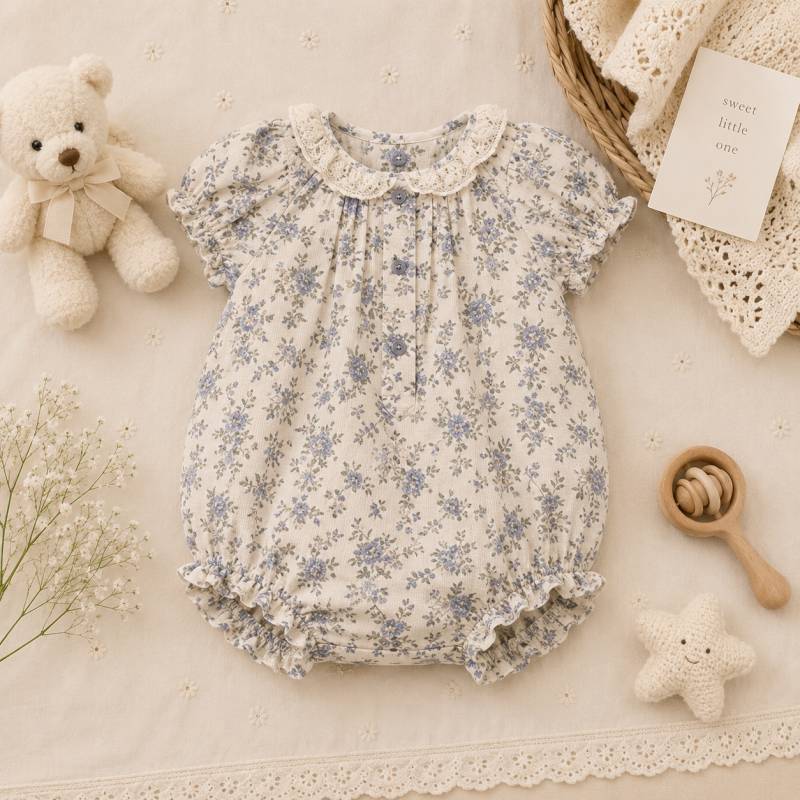 Vintage Rompers – Zeitlos & weich – Baby-Strampler 100 (12–18 Monate) / Bluebell-Blumenbordüre | Pädagogisches Holzspielzeug von Mein Kleines Baby