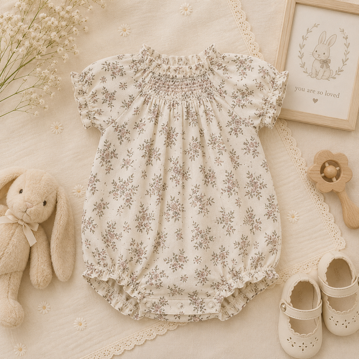 Vintage Rompers – Zeitlos & weich – Baby-Strampler 90 (6–12 Monate) / Mit Smokarbeit und Wildblumen | Pädagogisches Holzspielzeug von Mein Kleines Baby