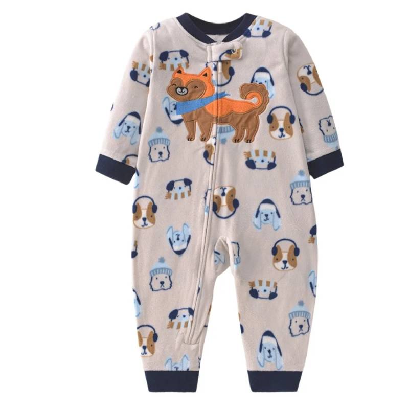 WarmBuddy – Süß & weich – Baby-Strampler aus Fleece mit Cartoon-Aufdruck Hund / 59 (0–3 Monate) | Pädagogisches Holzspielzeug von Mein Kleines Baby