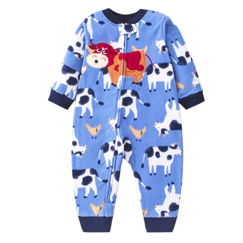 WarmBuddy – Süß & weich – Baby-Strampler aus Fleece mit Cartoon-Aufdruck Kuh / 59 (0–3 Monate) | Pädagogisches Holzspielzeug von Mein Kleines Baby