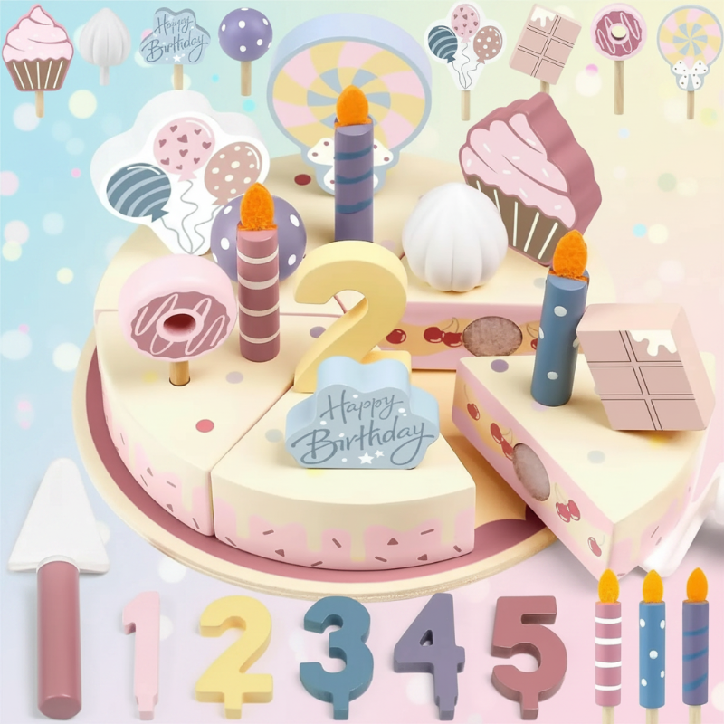 Wooden Cake Cutting Toy– Kreatives&Rollenspiel– Geburtstagstorte aus Holz Kirsch-Sahnetorte | Pädagogisches Holzspielzeug von Mein Kleines Baby