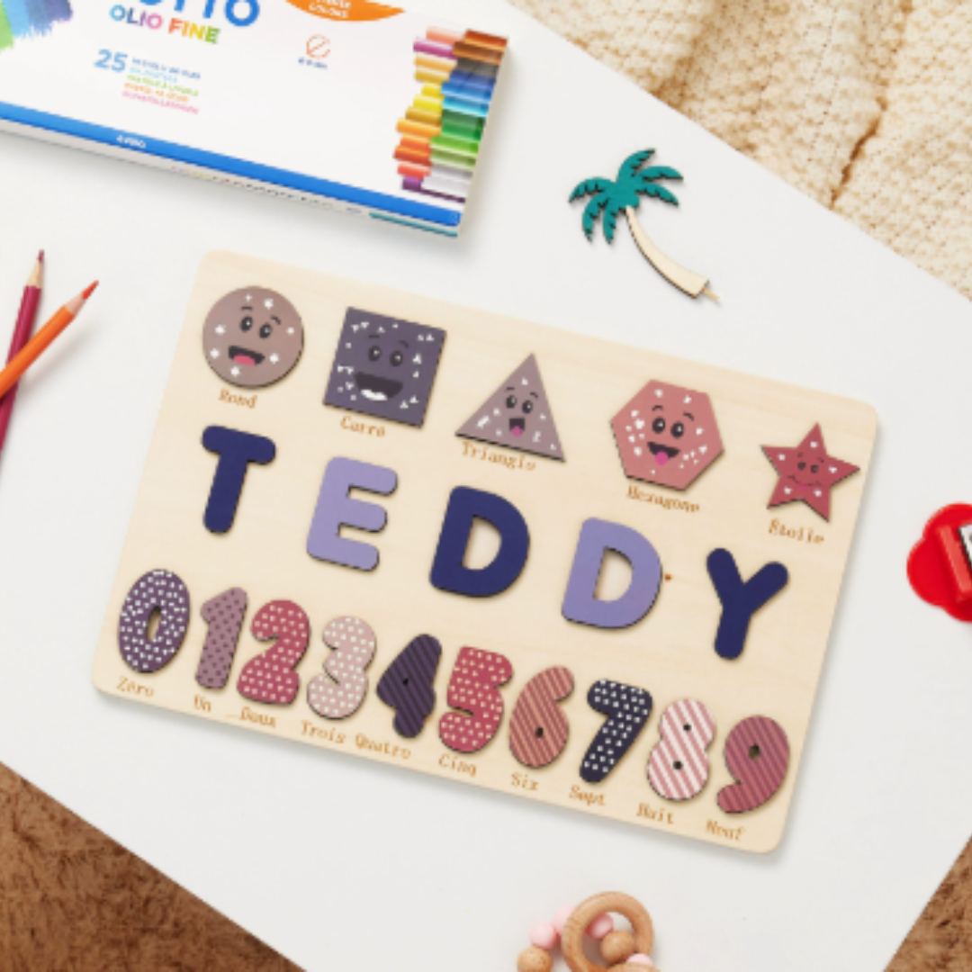 Woods™ - Genieße ein Puzzle mit deinem eigenen Namen! - Personalisiertes Puzzle Formen&Zahlen– Gepunktet/Gestreift | Pädagogisches Holzspielzeug von Mein Kleines Baby