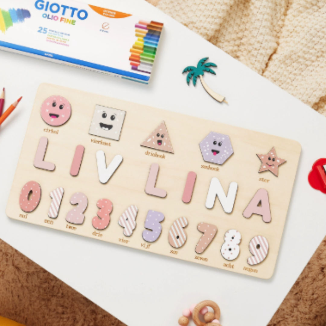 Woods™ - Genieße ein Puzzle mit deinem eigenen Namen! - Personalisiertes Puzzle Formen&Zahlen– Rosatöne | Pädagogisches Holzspielzeug von Mein Kleines Baby