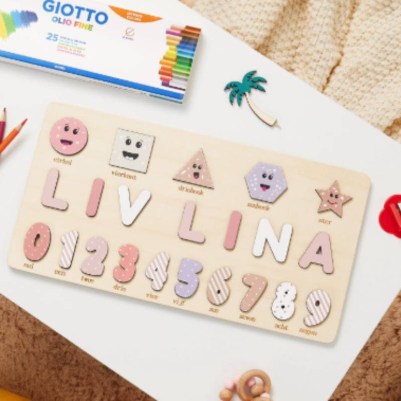 Woods™ - Genieße ein Puzzle mit deinem eigenen Namen! - Personalisiertes Puzzle Formen&Zahlen– Rosatöne | Pädagogisches Holzspielzeug von Mein Kleines Baby