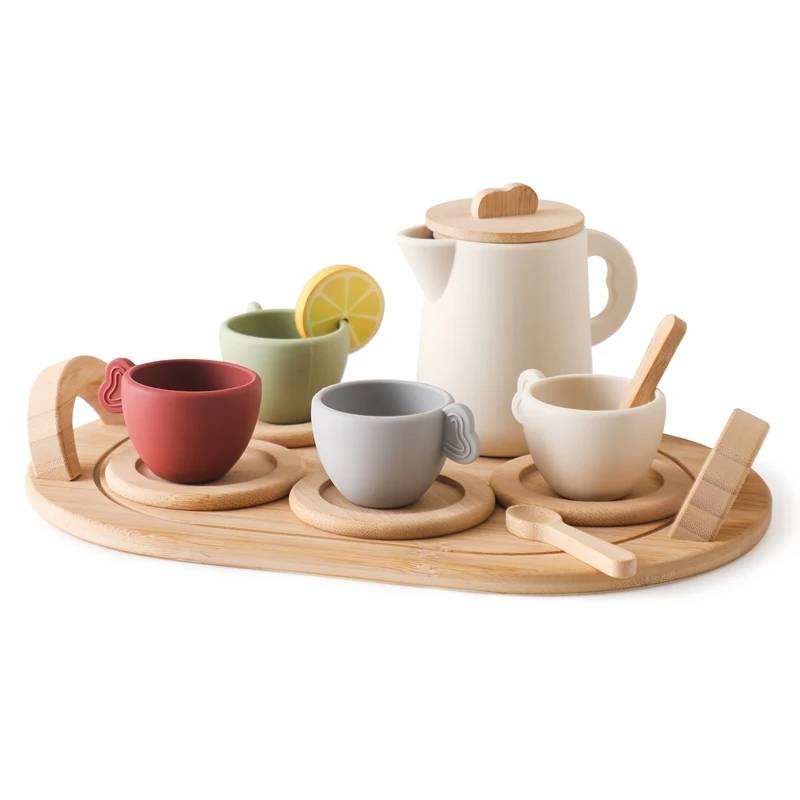 Woods™ - Kleine Teeparty - Spielzeug-Teeset Teekanne + Tassen + Zubehör + Tablett | Pädagogisches Holzspielzeug von Mein Kleines Baby