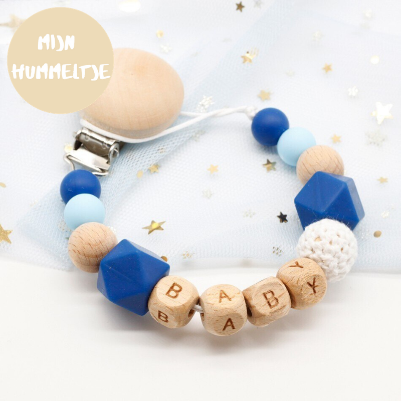 Woods™ - Personalisierte Schnullerkette Dunkelblau | Pädagogisches Holzspielzeug von Mein Kleines Baby