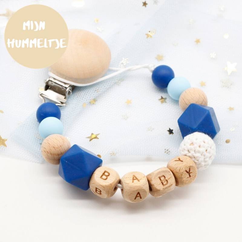 Woods™ - Personalisierte Schnullerkette Dunkelblau | Pädagogisches Holzspielzeug von Mein Kleines Baby