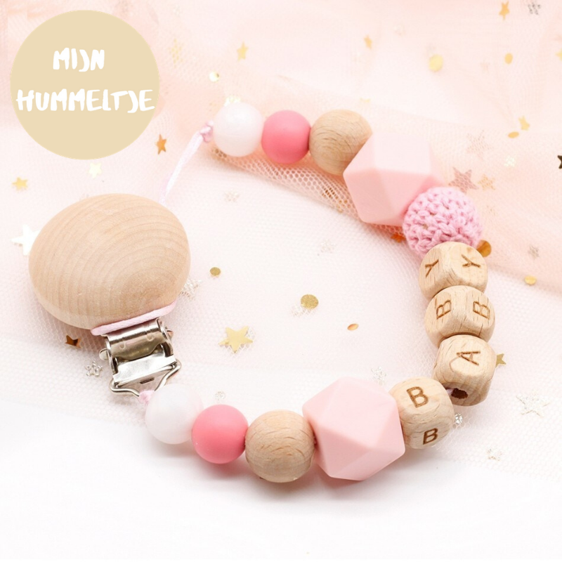 Woods™ - Personalisierte Schnullerkette Rosa | Pädagogisches Holzspielzeug von Mein Kleines Baby