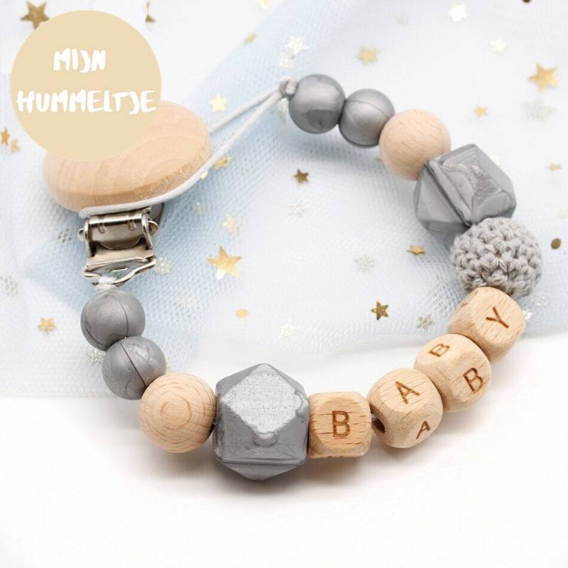 Woods™ - Personalisierte Schnullerkette Silber | Pädagogisches Holzspielzeug von Mein Kleines Baby