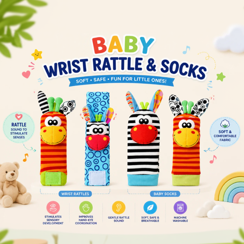 Wrist Rattle and Socks – Motorik & Spiel – Baby-Rasseln (4er-Set) | Pädagogisches Holzspielzeug von Mein Kleines Baby