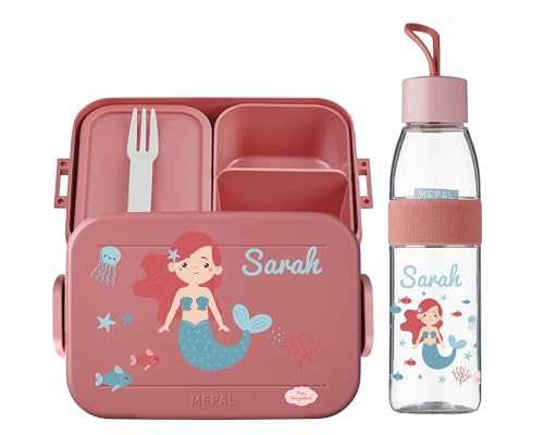 Mein Zwergenland Lunchbox Set mit Bento Brotdose und Mepal Trinkflasche 500ml, personalisierbar in Mauve Pink mit Name und Motiv Meerjungfrau von Mein Zwergenland
