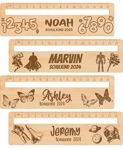Meinearmbänder Personalisiertes 15 cm Holz-Lineal – Vollständig mit Namen & niedlichen Motiven lasergraviert – 2-in-1 Lesehilfe & Lineal – Geschenk zur Einschulung – Für Jungen & Mädchen von Meinearmbänder