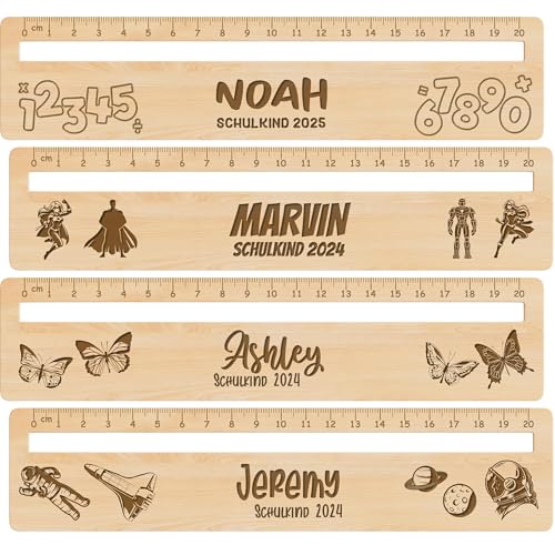 Meinearmbänder Personalisiertes 20 cm Holz-Lineal – Vollständig mit Namen und niedlichen Motiven lasergraviert – 2-in-1 Lesehilfe und Lineal – Geschenk zur Einschulung – Für Jungen und Mädchen von Meinearmbänder