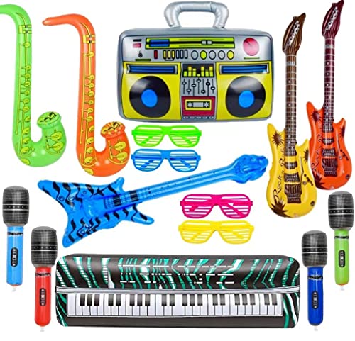 16 Stück Aufblasbare Rock Star Toy Set- Aufblasbare Party Props Saxophon Beth Mikrofon,Aufblasbare Gitarre Buntes Aufblasbare Instrumente Party Deko von Meiruier