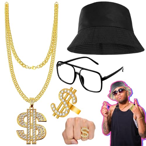 4 Stück Hip Hop Kostüm Set,black Cap Personalisiert Goldene Dollar Kette Brille Armband & Ring,Karneval Kostüm Herren 80er 90er Jahr Rapper Zubehör für Fasching Karneval (black) von Meiruier