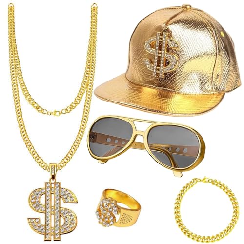 5 Stück Hip Hop Kostüm Set,Boombox Golden Baseball Cap Personalisiert Goldene Dollar Kette Brille Armband & Ring,Karneval Kostüm Herren 80er 90er Jahr Rapper Zubehör für Fasching Karneval (gold) von Meiruier