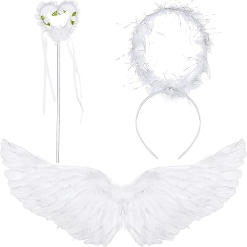 Federflügel Engel,Engel Flügel,Schwarz Engelsflügel Deko mit heiligenschein und Zauberstab,Schwarz Engel Kostüm Damen,Engels flügel Kostüm,Party Fasching Kostüme Cosplay Party Halloween (white) von Meiruier