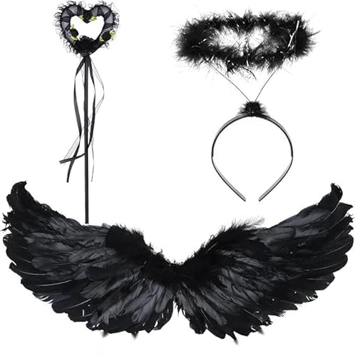 Federflügel Engel,Engel Flügel,Schwarz Engelsflügel Deko mit heiligenschein und Zauberstab,Schwarz Engel Kostüm Damen,Engels flügel Kostüm,Party Fasching Kostüme Cosplay Party Halloween (black) von Meiruier