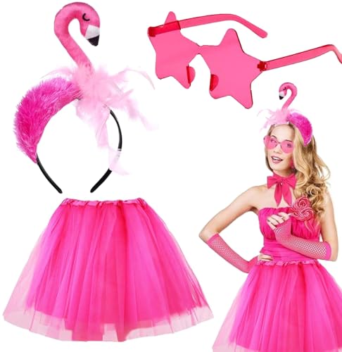 Flamingo Kostüm Damen,Flamingo Haarreif,Flamingo Brille,Flamingo Tüllrock,Rosa Tüllrock Tutu Rock für Tropischer Hawaii Kostüm Flamingo Party Karneval Mottoparty Fasching Kostüm Accessoires (A) von Meiruier